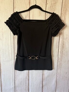 Frank Lyman Design Black Ruffle Sleeve Buckle Waist Top Size 6